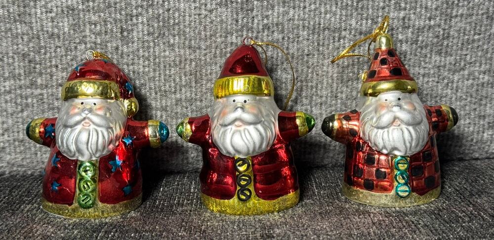 Set of 3 Santa Painted Suit Ornaments - Gold Trim 3” Ceramic